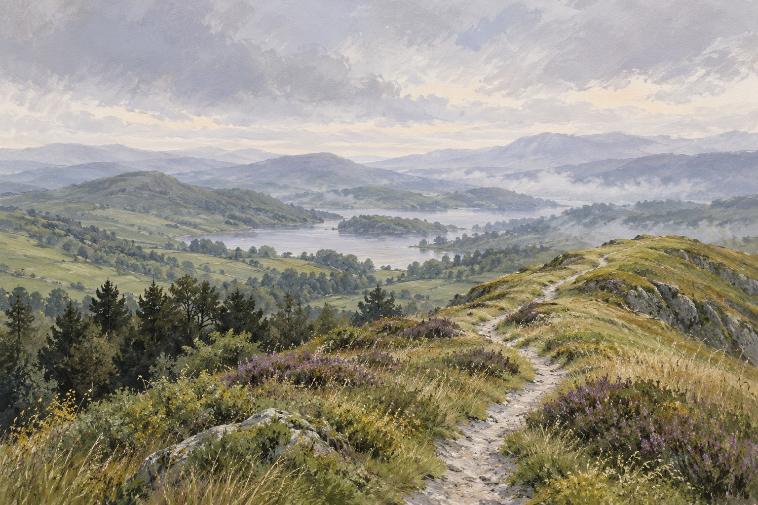 An illustrated grassy ridge and path above misty layered hills