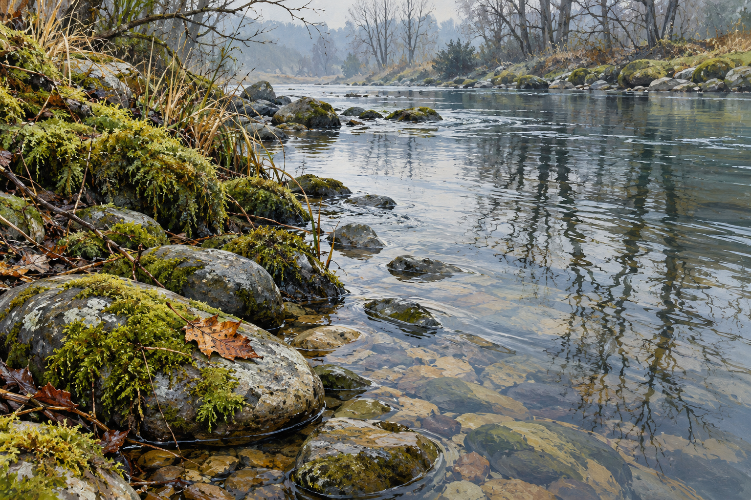 A painterly shallow stream with mossy stones, reeds and reflections