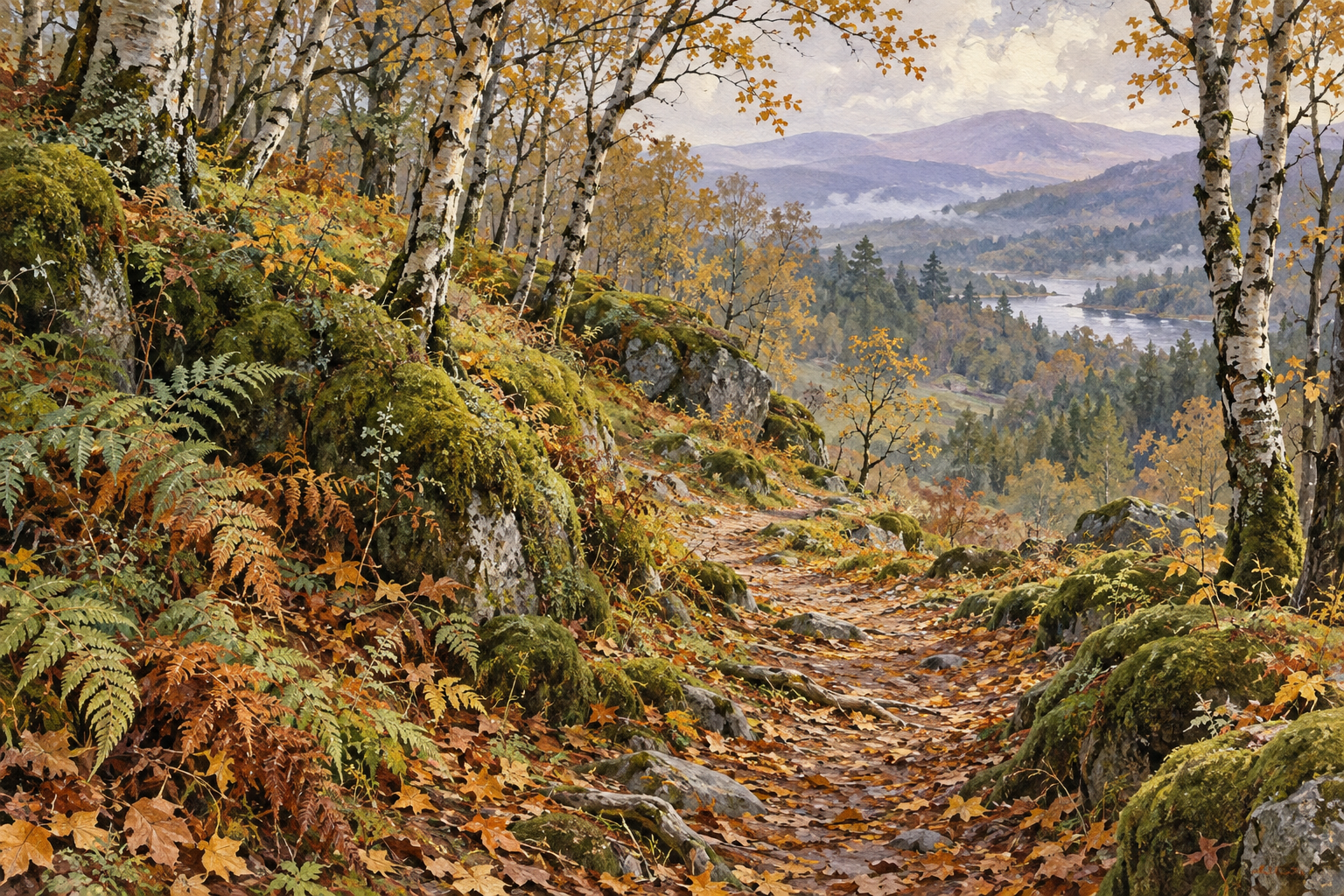 A painterly autumn path between birch trees and mossy banks